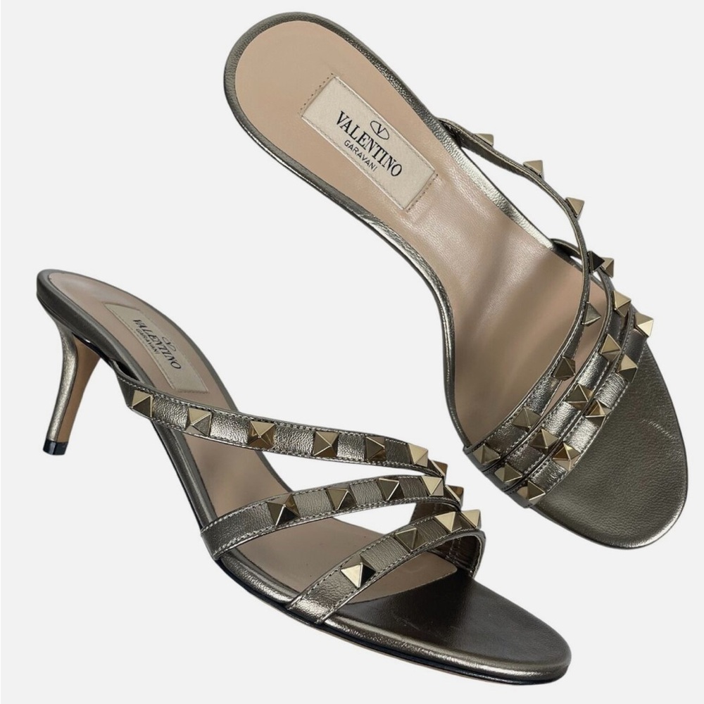 Valentino Garavani 36.5 Rockstud Asymmetrical Strap Sandal Bronze Heel
